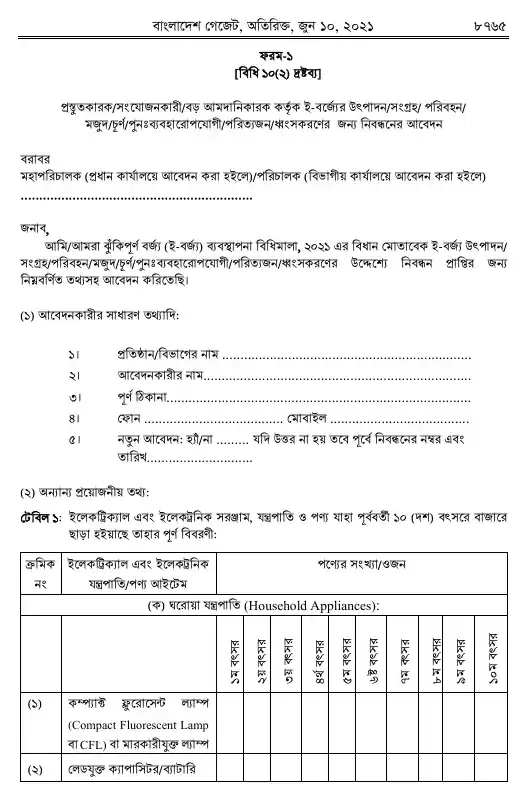 ঝুঁকিপূর্ণ বর্জ্য (ই-বর্জ্য) ব্যবস্থাপনা বিধিমালা, ২০২১ তফসিল — পৃষ্ঠা ১৫